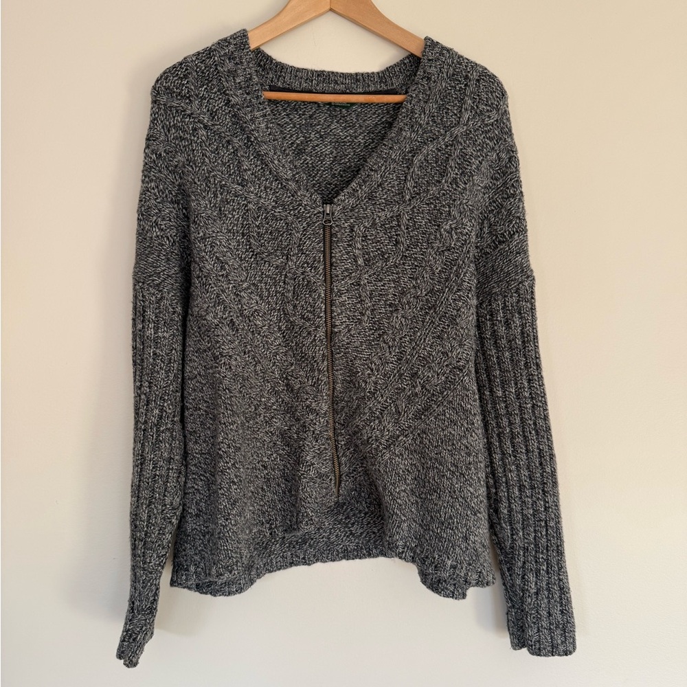 Woolrich Women’s Black Marl Charcoal Cable Knit Zip Cardigan V-Neck Sweater XL